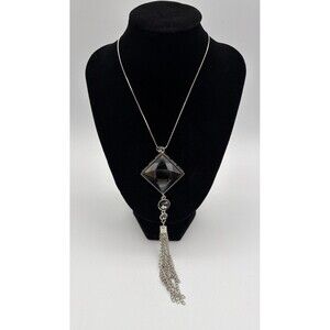 Silver Tone Geometric Pendant Necklace Faceted Black Crystal Tassel Statement